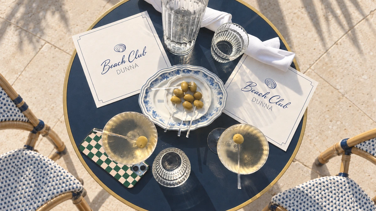 Two martinis and DUNNA Beach Club menus on a navy table, seen from above