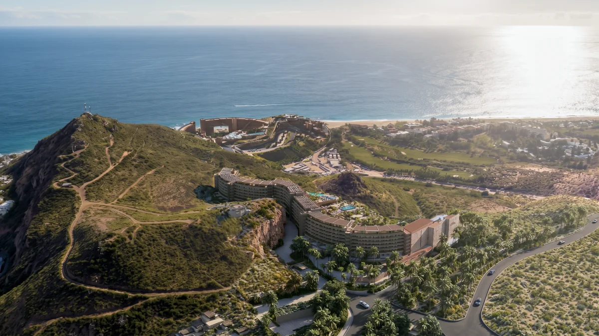 Aerial render of DUNNA on the hillside above the Sea of Cortés, San José del Cabo